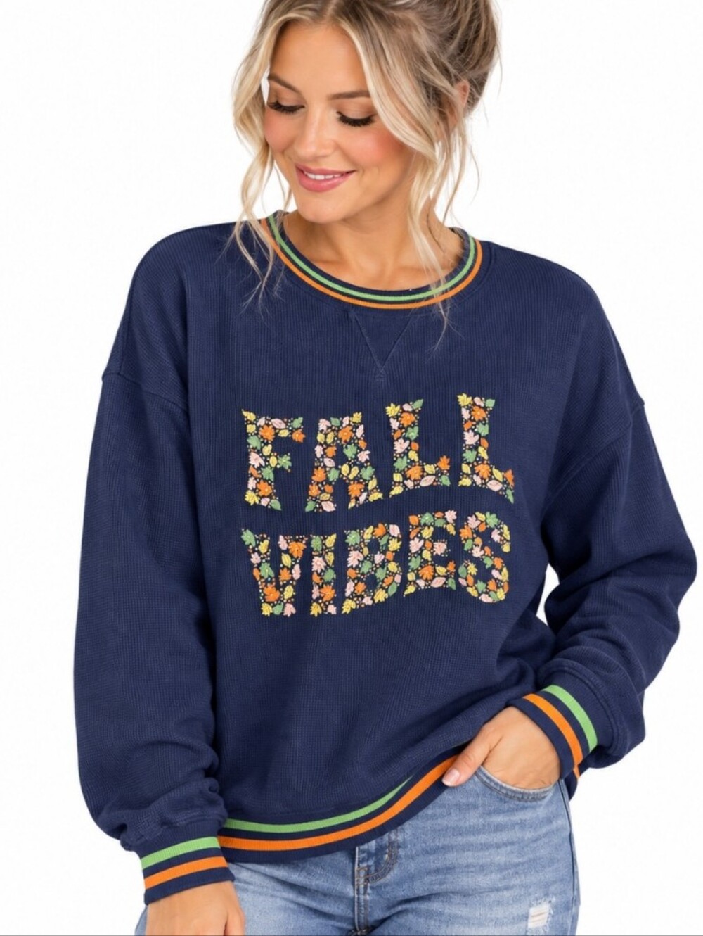 Feeling Festive Fall Vibes Floral Graphic Navy Waffle Knit Sweatshirt Small